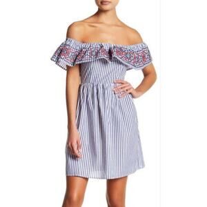2/$15 Flying Tomato Embroidered Off Shoulder Dress Blue Striped Size M